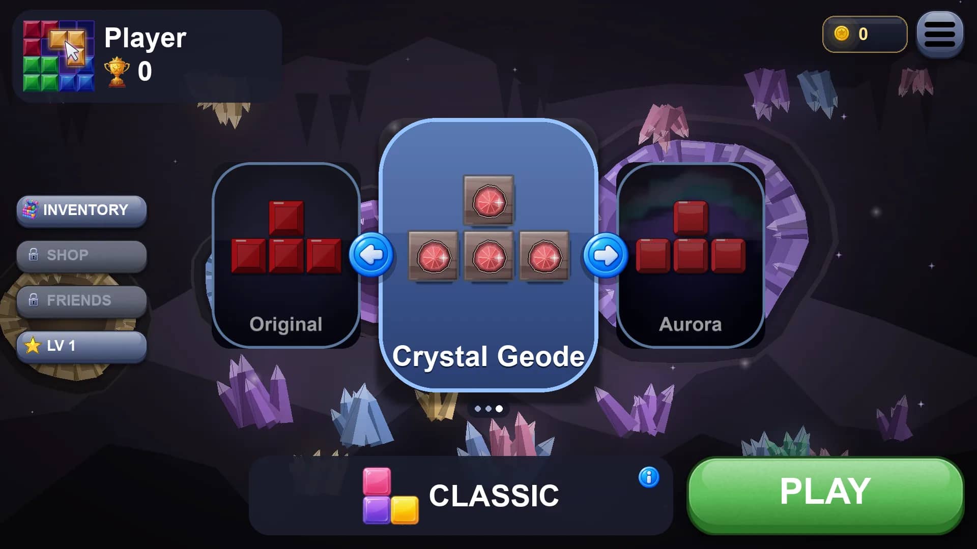 Main menu with the Crystal Geode skin